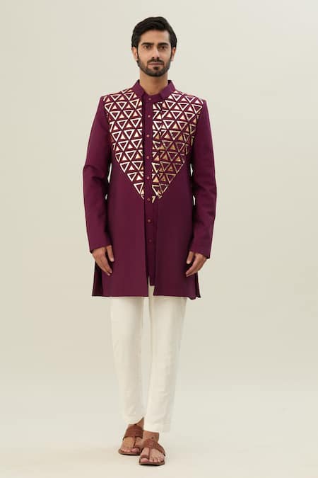 Diyarajvvir_Wine Cotton, Silk Embroidery Acrylic And Thread Jacket Kurta Set _Online_at_Aza_Fashions