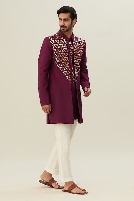 Buy_Diyarajvvir_Wine Cotton, Silk Embroidery Acrylic And Thread Jacket Kurta Set _Online_at_Aza_Fashions