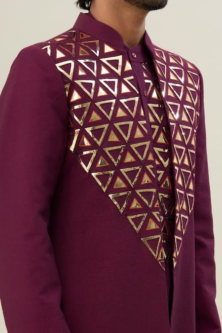 Shop_Diyarajvvir_Wine Cotton, Silk Embroidery Acrylic And Thread Jacket Kurta Set _Online_at_Aza_Fashions