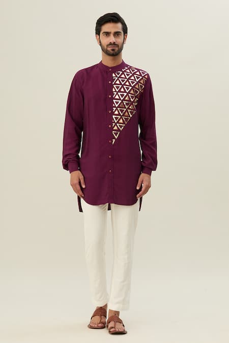 Diyarajvvir_Wine Cotton, Silk Embroidery Acrylic And Thread Jacket Kurta Set _at_Aza_Fashions