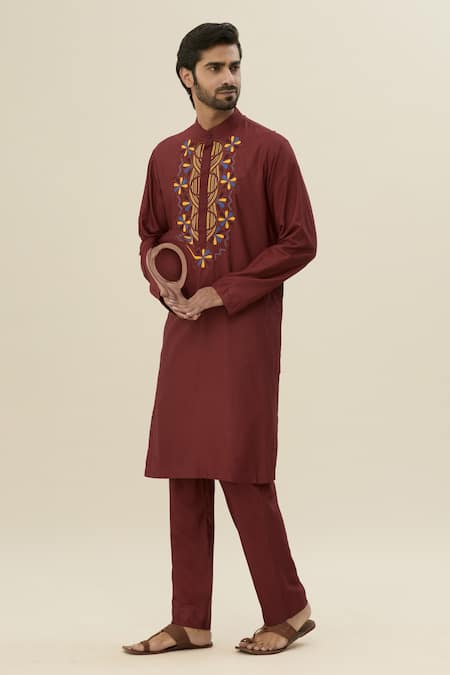 Buy_Diyarajvvir_Maroon Cotton, Silk Embroidery Floral Kurta And Pant Set _Online_at_Aza_Fashions