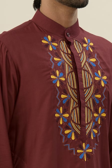 Shop_Diyarajvvir_Maroon Cotton, Silk Embroidery Floral Kurta And Pant Set _Online_at_Aza_Fashions