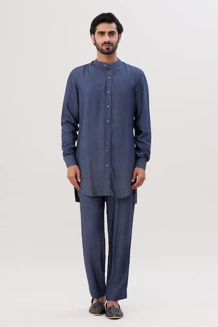 Diyarajvvir_Grey Cotton, Silk Plain Shirt Kurta And Pant Set _Online_at_Aza_Fashions