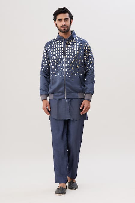 Buy_Diyarajvvir_Grey Cotton, Silk Plain Shirt Kurta And Pant Set _Online_at_Aza_Fashions