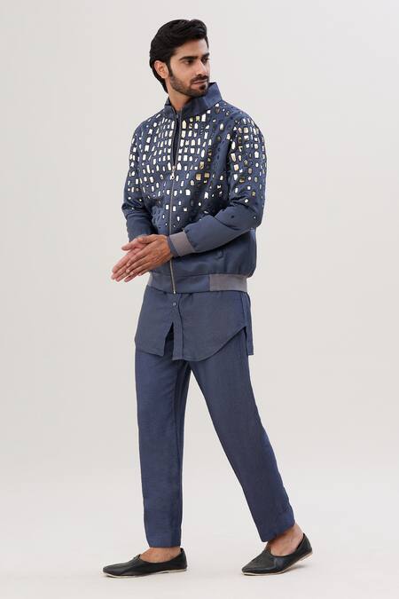 Shop_Diyarajvvir_Grey Cotton, Silk Plain Shirt Kurta And Pant Set _Online_at_Aza_Fashions