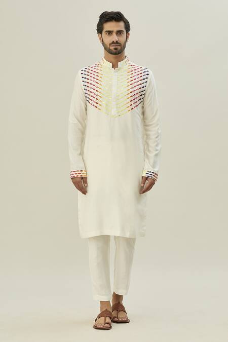 Diyarajvvir_White Cotton, Silk Embroidery Thread Kurta And Pant Set _Online_at_Aza_Fashions