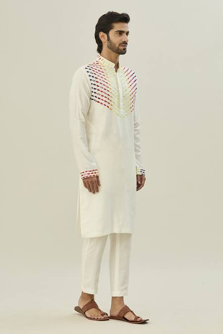 Buy_Diyarajvvir_White Cotton, Silk Embroidery Thread Kurta And Pant Set _Online_at_Aza_Fashions