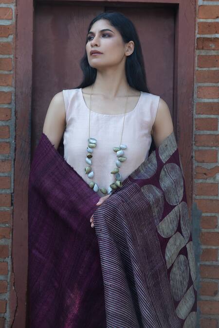 Aeshaane_Purple Hand Block Print Geometric Scarf _Online_at_Aza_Fashions