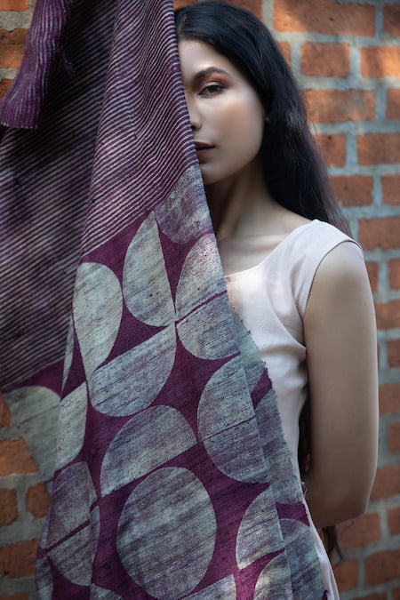 Aeshaane_Purple Hand Block Print Geometric Scarf _at_Aza_Fashions