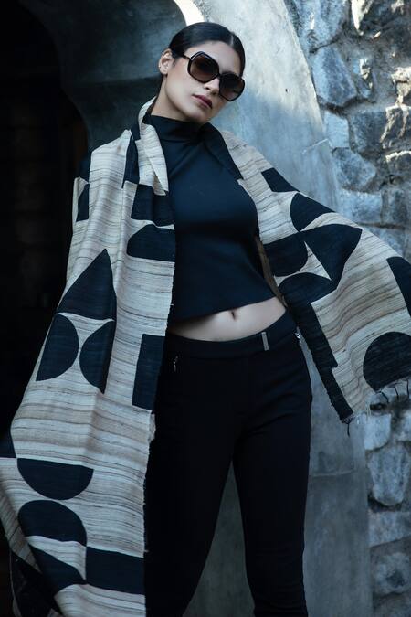 Aeshaane Black Embroidery Geometric Block Print Silk Scarf Online at Aza Fashions Aeshaane_Black Embroidery Geometric Block Print Silk Scarf _Online_at_Aza_Fashions