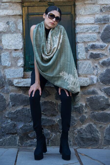 Aeshaane_Green Embroidery Leaf Branch Hand Block Print Scarf _Online_at_Aza_Fashions