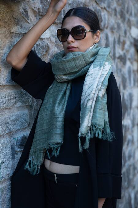 Shop_Aeshaane_Green Embroidery Leaf Branch Hand Block Print Scarf _Online_at_Aza_Fashions