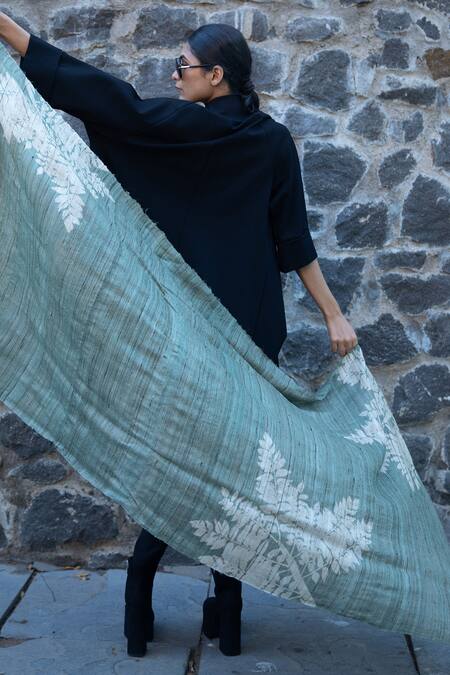 Aeshaane_Green Embroidery Leaf Branch Hand Block Print Scarf _at_Aza_Fashions