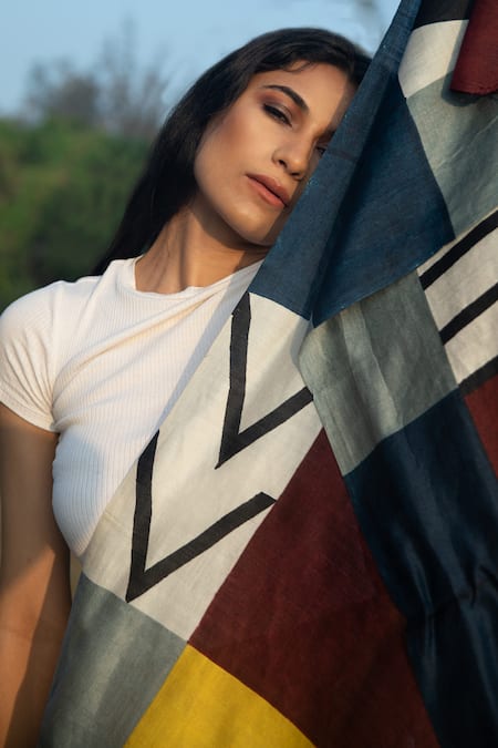 Aeshaane Multi Color Hand Block Printed Silk Scarf at Aza Fashions Aeshaane_Multi Color Hand Block Printed Silk Scarf _at_Aza_Fashions