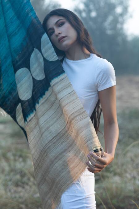 Aeshaane_Green Hand Block Print Polka Scarf _Online_at_Aza_Fashions