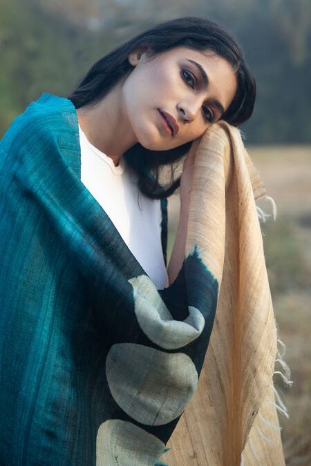 Aeshaane_Green Hand Block Print Polka Scarf _at_Aza_Fashions