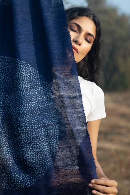 Aeshaane_Blue Embroidery Polka Hand Block Print Silk Scarf _Online_at_Aza_Fashions