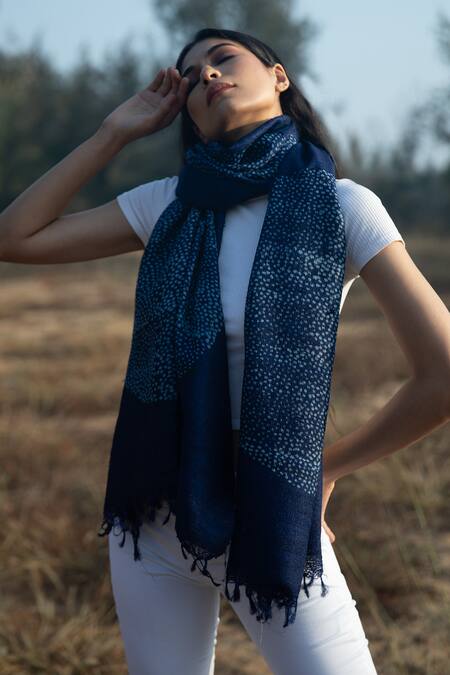 Buy_Aeshaane_Blue Embroidery Polka Hand Block Print Silk Scarf _Online_at_Aza_Fashions