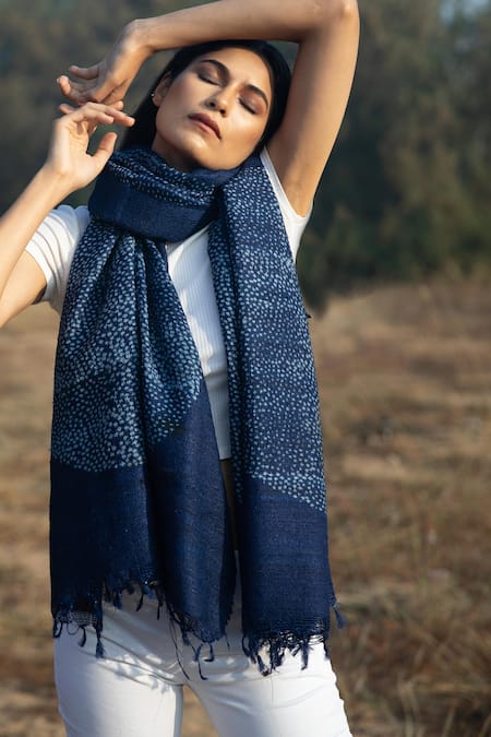 Shop_Aeshaane_Blue Embroidery Polka Hand Block Print Silk Scarf _Online_at_Aza_Fashions