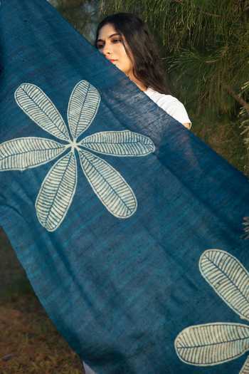 Aeshaane_Blue Embroidery Flower Hand Block Print Silk Scarf _Online_at_Aza_Fashions