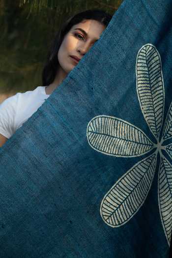 Buy_Aeshaane_Blue Embroidery Flower Hand Block Print Silk Scarf _Online_at_Aza_Fashions