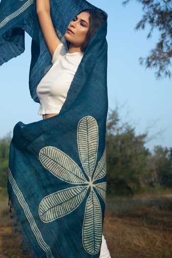 Shop_Aeshaane_Blue Embroidery Flower Hand Block Print Silk Scarf _Online_at_Aza_Fashions