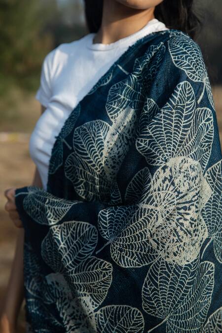 Aeshaane_Blue Embroidery Leaf Print Silk Scarf _Online_at_Aza_Fashions