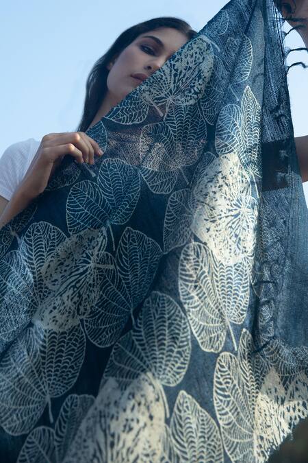 Buy_Aeshaane_Blue Embroidery Leaf Print Silk Scarf _Online_at_Aza_Fashions