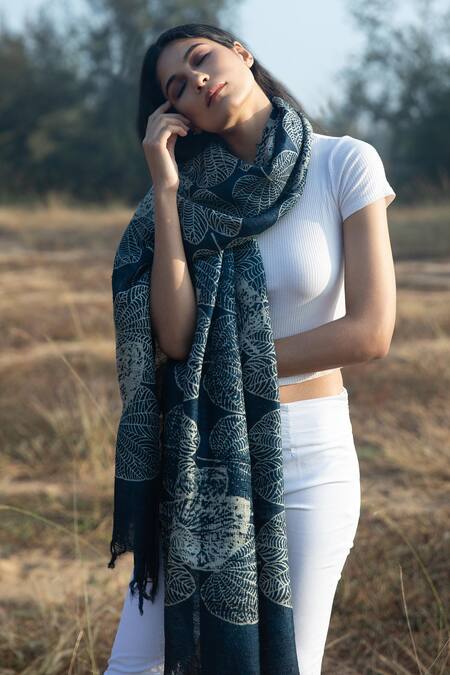 Shop_Aeshaane_Blue Embroidery Leaf Print Silk Scarf _Online_at_Aza_Fashions
