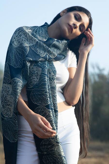Aeshaane_Blue Embroidery Leaf Print Silk Scarf _at_Aza_Fashions