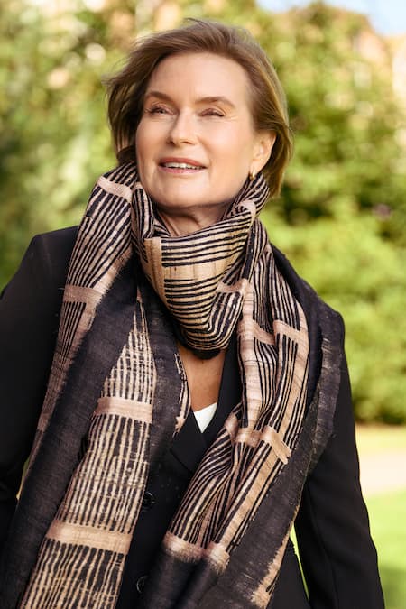 Aeshaane_Peach Embroidery Linear Pattern Hand Block Print Scarf _Online_at_Aza_Fashions