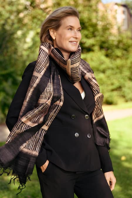 Buy_Aeshaane_Peach Embroidery Linear Pattern Hand Block Print Scarf _Online_at_Aza_Fashions