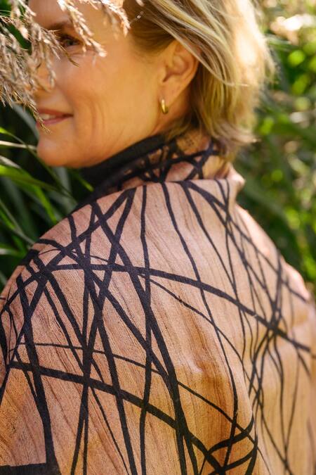 Aeshaane_Brown Embroidery Linear Hand Block Print Silk Scarf _Online_at_Aza_Fashions