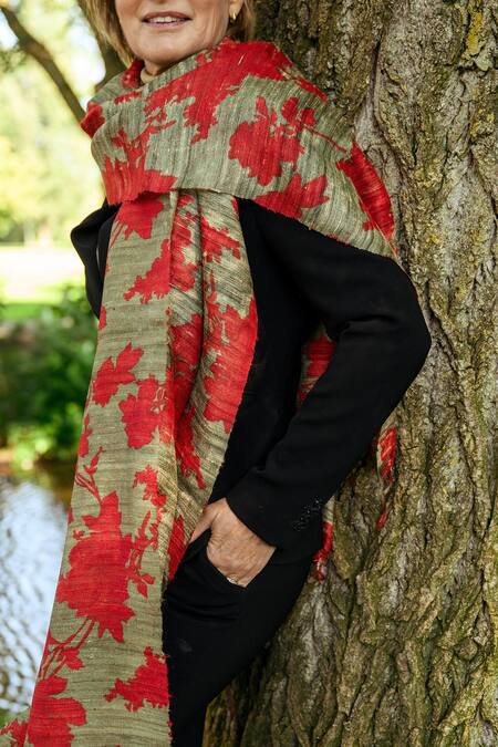 Aeshaane_Green Embroidery Handmade Silk Floral Print Scarf _Online_at_Aza_Fashions