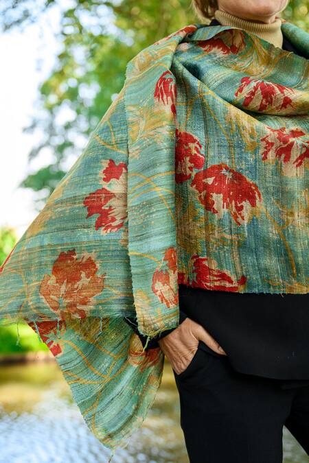 Aeshaane_Green Embroidery Handmade Silk Floral Block Print Scarf _Online_at_Aza_Fashions