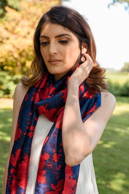 Buy_Aeshaane_Purple Embroidery Handmade Silk Floral Hand Block Print Scarf _Online_at_Aza_Fashions
