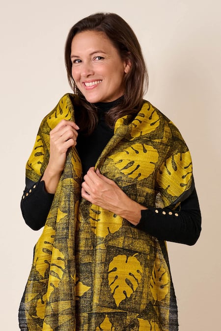 Aeshaane Leaf Block Print Silk Scarf 