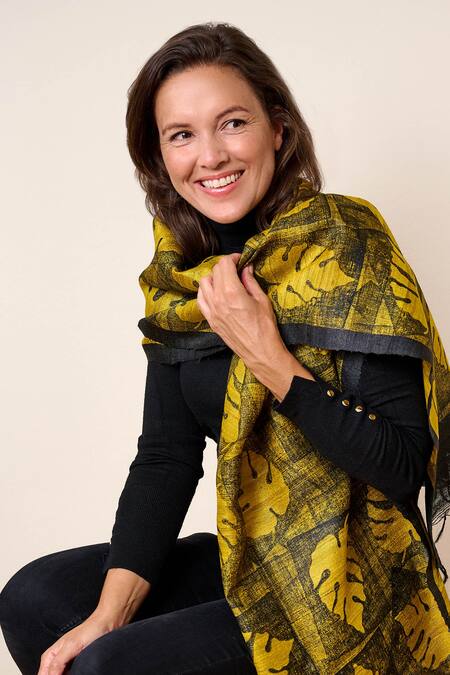 Aeshaane_Yellow Embroidery Leaf Block Print Silk Scarf _Online_at_Aza_Fashions