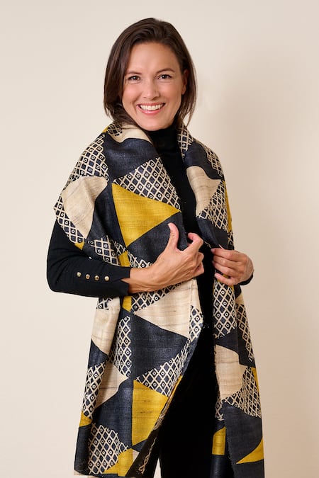 Aeshaane Geometric Hand Print Silk Scarf 