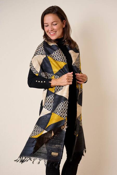 Aeshaane_Gold Geometric Hand Print Silk Scarf _Online_at_Aza_Fashions