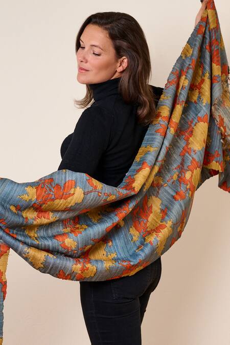 Aeshaane_Grey Embroidery Silk Floral Print Scarf _Online_at_Aza_Fashions