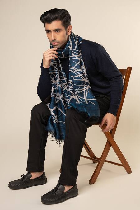 Shop_Aeshaane_Blue Stripe Silk Woven Scarf _at_Aza_Fashions