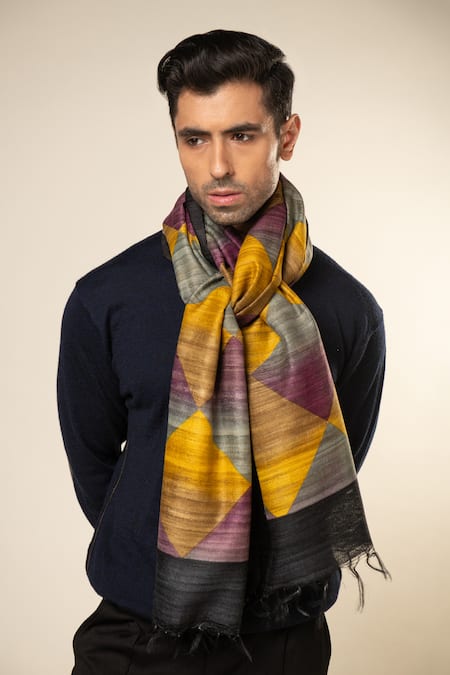 Shop_Aeshaane_Multi Color Diamond Silk Woven Scarf _at_Aza_Fashions