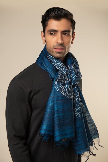 Shop_Aeshaane_Blue Polka Dots Woven Scarf _at_Aza_Fashions