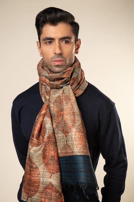 Shop_Aeshaane_Orange Leaf Silk Woven Scarf _at_Aza_Fashions