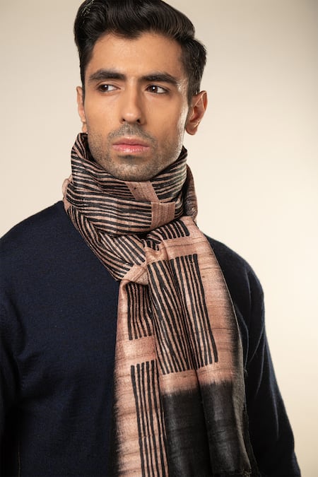 Shop_Aeshaane_Pink Geometric Line Silk Woven Scarf _at_Aza_Fashions