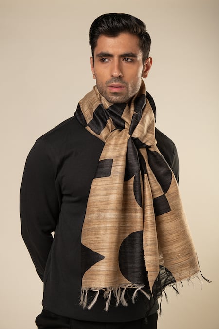 Shop_Aeshaane_Black Geometric Silk Woven Scarf _at_Aza_Fashions