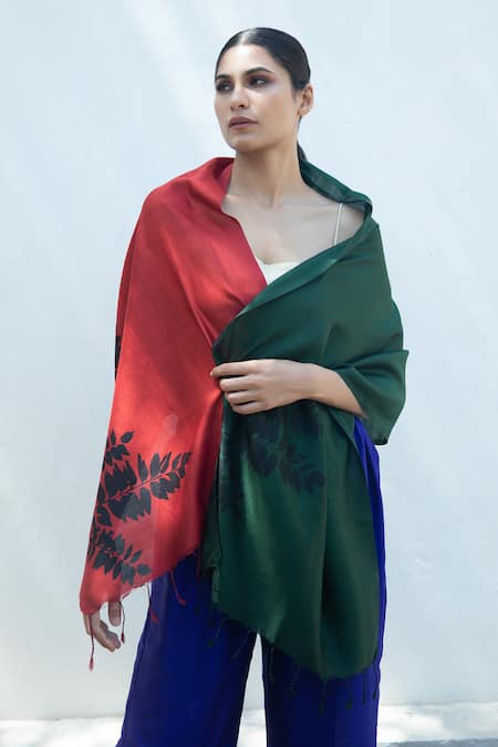 Shop_Aeshaane_Multi Color Leaf Silk Colorblock Woven Scarf _at_Aza_Fashions