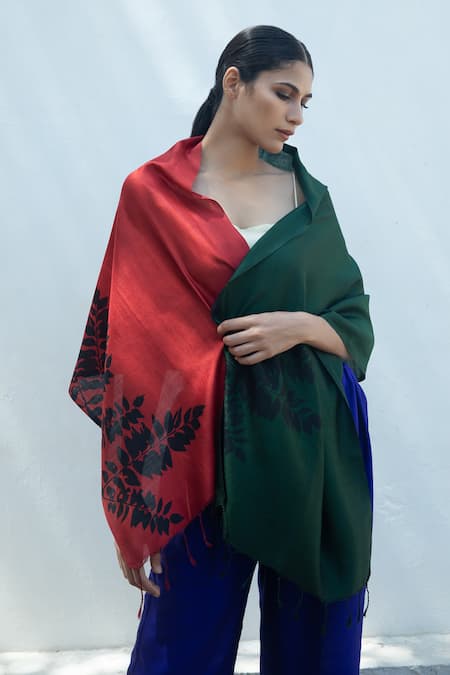Shop_Aeshaane_Multi Color Leaf Silk Colorblock Woven Scarf _Online_at_Aza_Fashions
