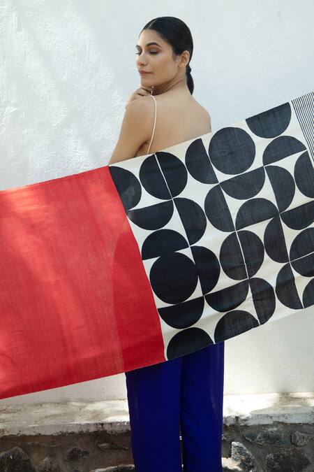 Shop_Aeshaane_Multi Color Embroidery Silk Colorblock Geometric Woven Scarf _Online_at_Aza_Fashions